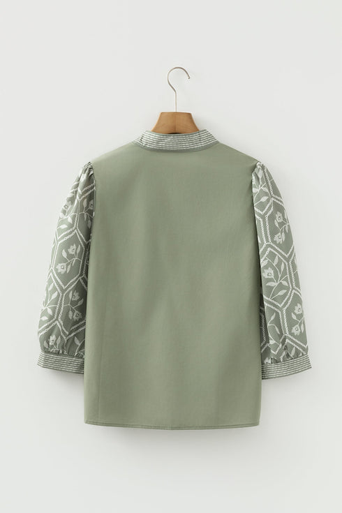 Floral Print Puff Sleeve Patchwork V Neck Blouse