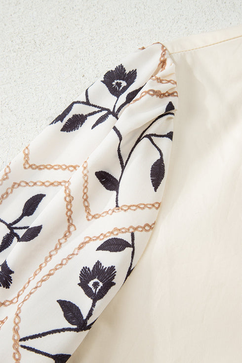 Floral Print Puff Sleeve Patchwork V Neck Blouse