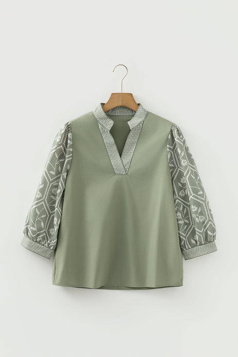 Floral Print Puff Sleeve Patchwork V Neck Blouse