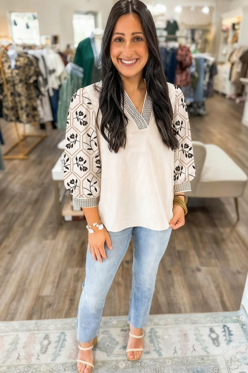 Floral Print Puff Sleeve Patchwork V Neck Blouse