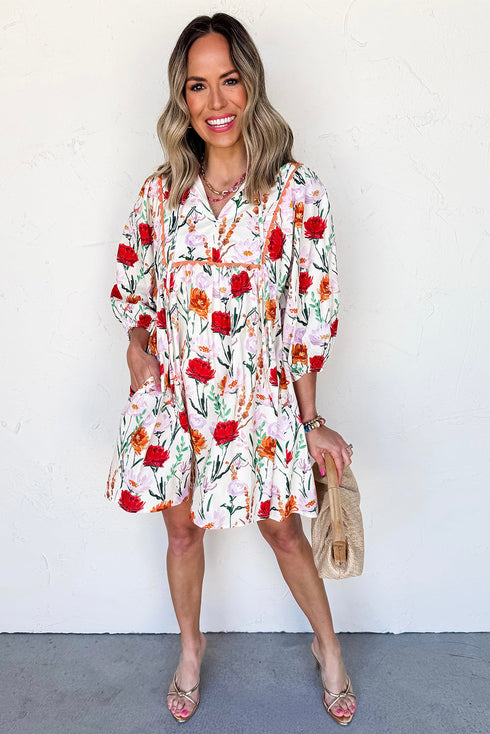 Floral Print Puff Sleeve Ricrac Trim Mini Dress