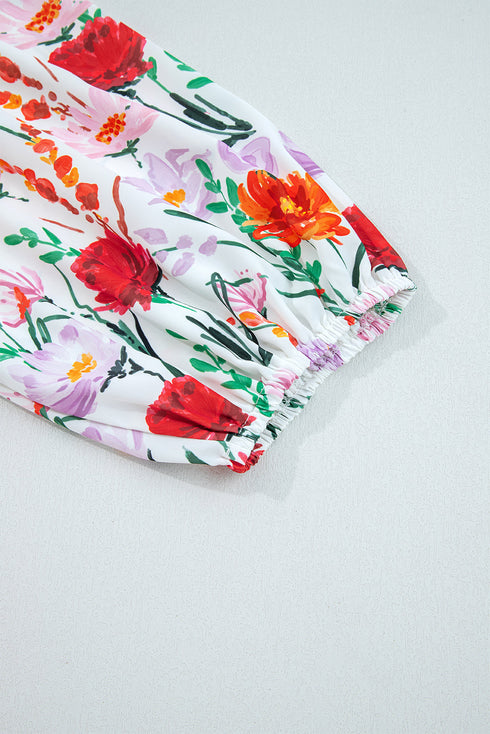 Floral Print Puff Sleeve Ricrac Trim Mini Dress