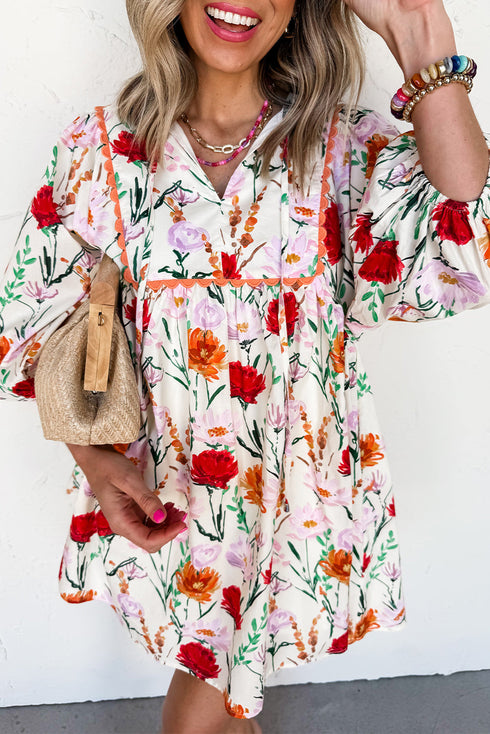 Floral Print Puff Sleeve Ricrac Trim Mini Dress