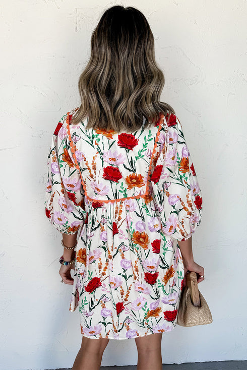 Floral Print Puff Sleeve Ricrac Trim Mini Dress