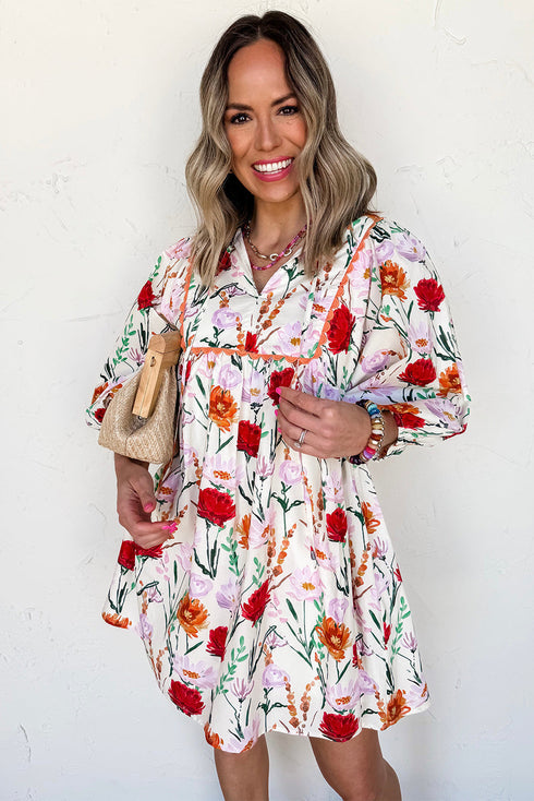 Floral Print Puff Sleeve Ricrac Trim Mini Dress