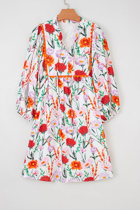 Floral Print Puff Sleeve Ricrac Trim Mini Dress