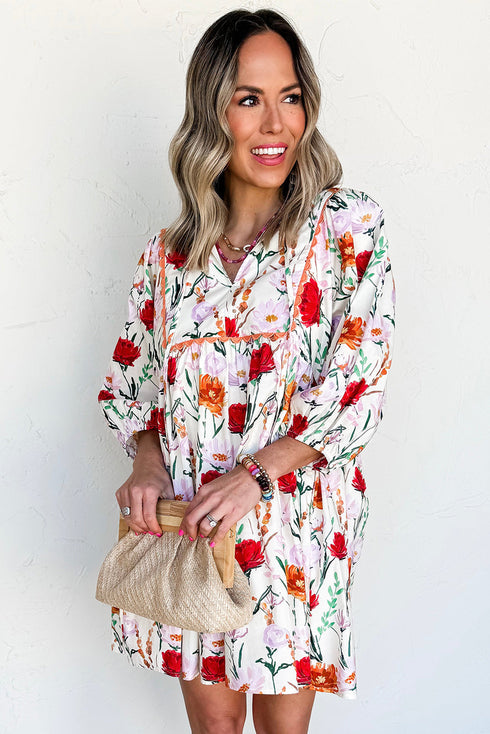 Floral Print Puff Sleeve Ricrac Trim Mini Dress