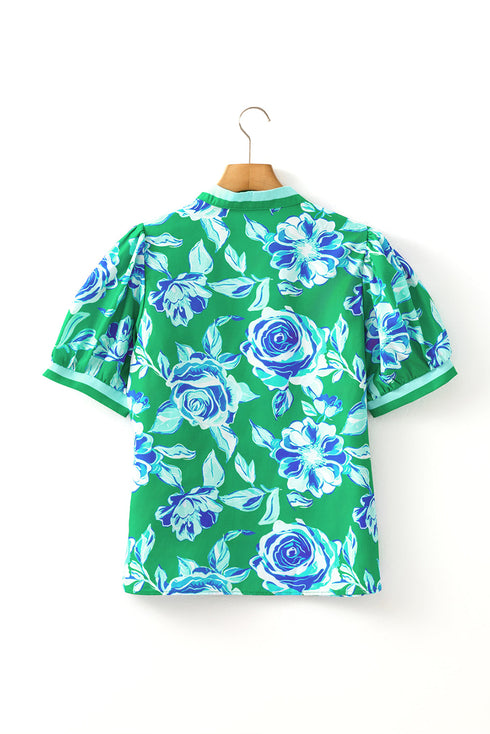 Floral Print Puff Sleeve Ruffled Tie Neck Blouse