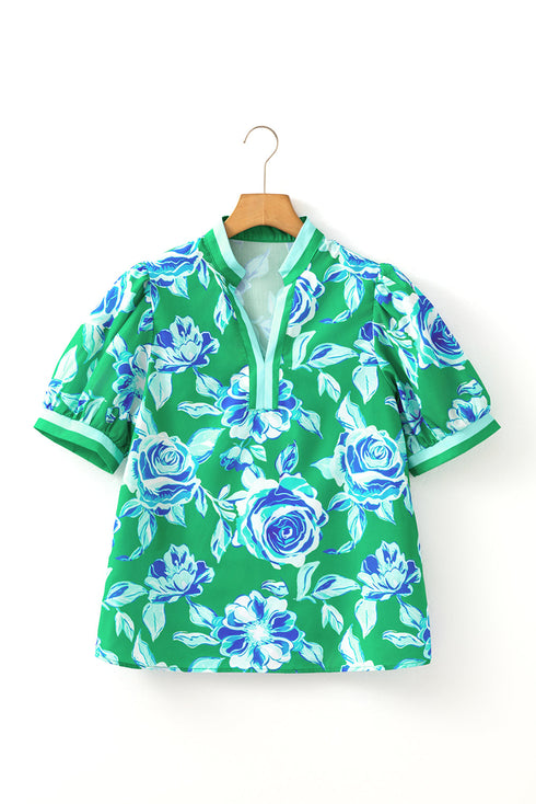 Floral Print Puff Sleeve Ruffled Tie Neck Blouse