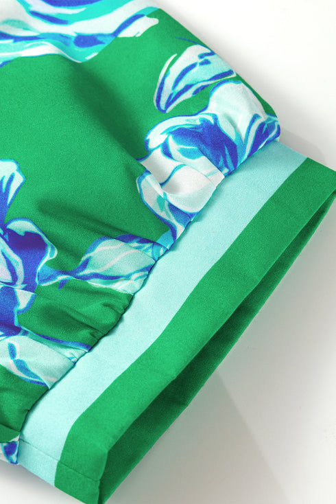 Floral Print Puff Sleeve Ruffled Tie Neck Blouse