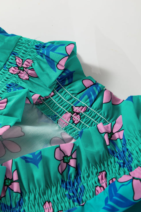 Floral Print Puff Sleeve Smocked Detail Mini Dress