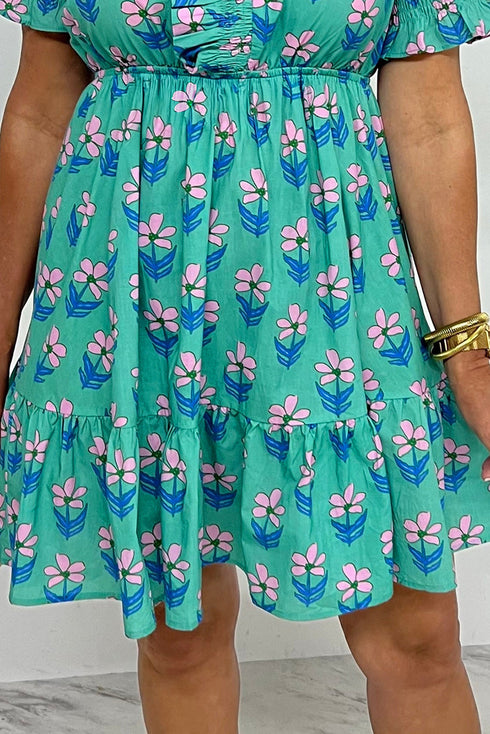 Floral Print Puff Sleeve Smocked Detail Mini Dress