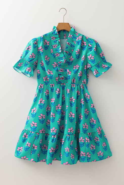 Floral Print Puff Sleeve Smocked Detail Mini Dress
