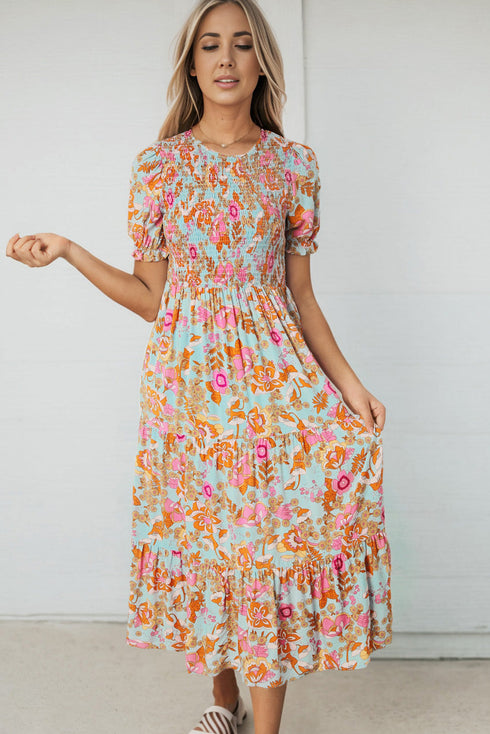 Floral Print Puff Sleeve Smocked Tiered Midi Dress