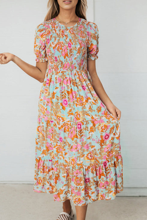 Floral Print Puff Sleeve Smocked Tiered Midi Dress