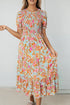 Floral Print Puff Sleeve Smocked Tiered Midi Dress