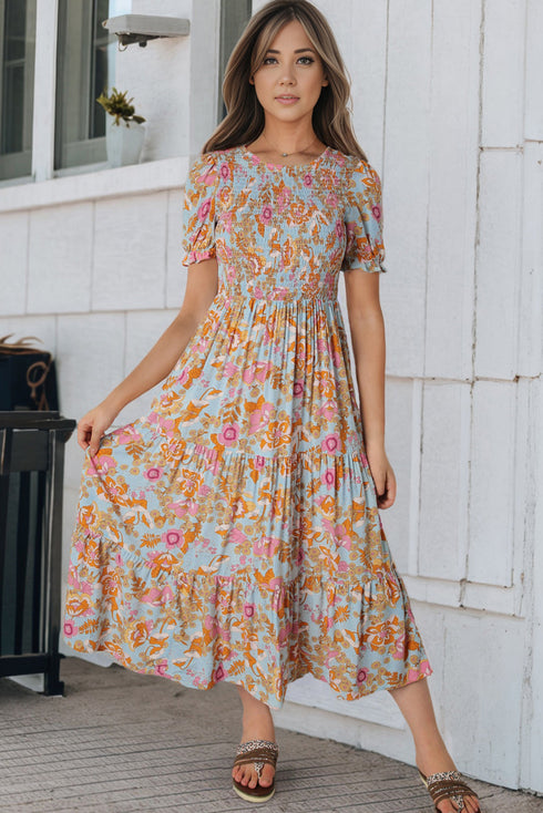 Floral Print Puff Sleeve Smocked Tiered Midi Dress