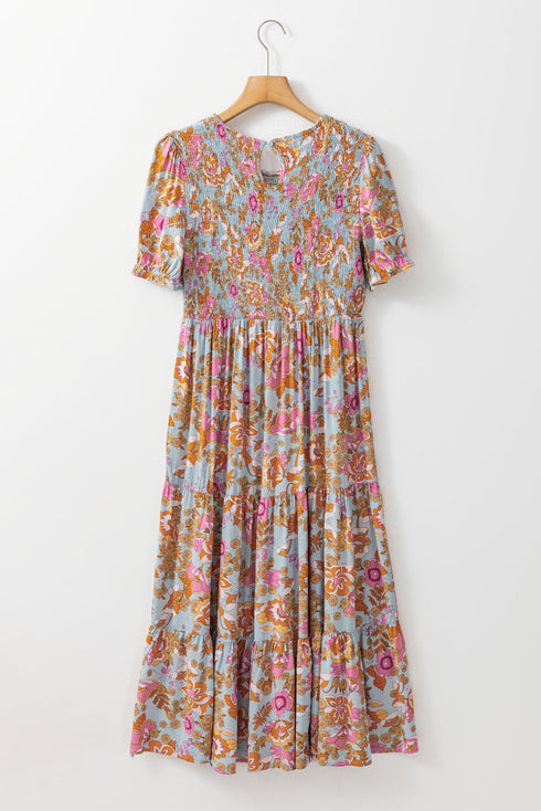Floral Print Puff Sleeve Smocked Tiered Midi Dress