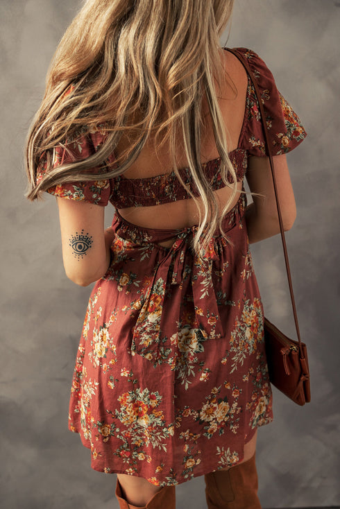 Floral Print Puff Sleeve Square Neck Open Back Mini Dress