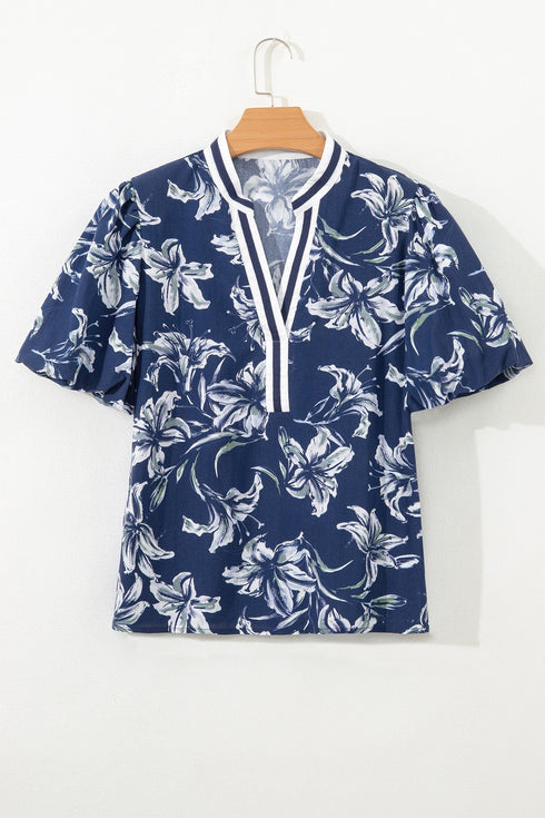 Floral Print Puff Sleeve Striped Trim V Neck Blouse