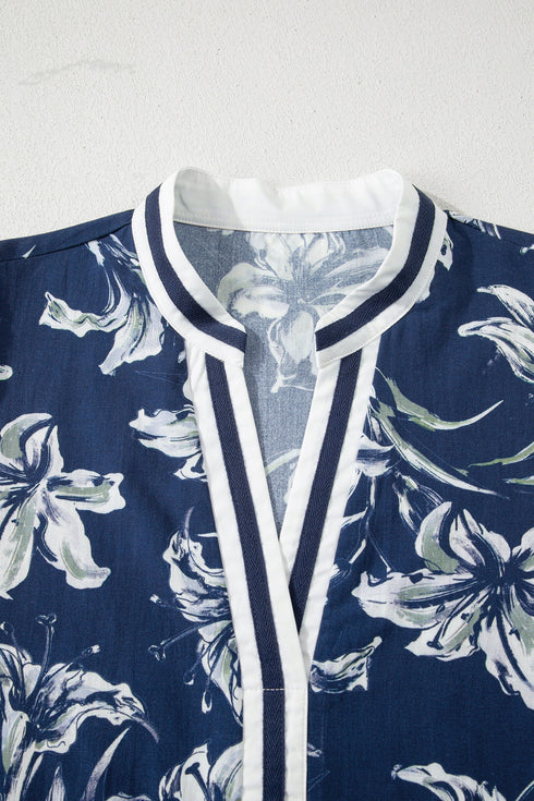 Floral Print Puff Sleeve Striped Trim V Neck Blouse