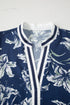 Floral Print Puff Sleeve Striped Trim V Neck Blouse