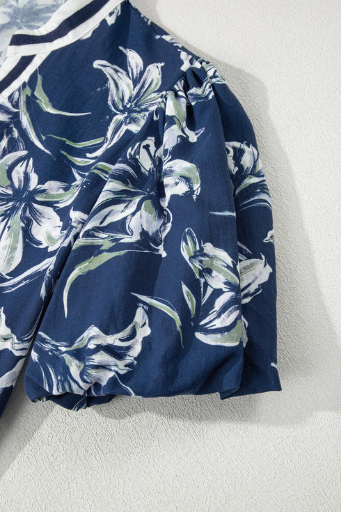 Floral Print Puff Sleeve Striped Trim V Neck Blouse