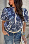 Floral Print Puff Sleeve Striped Trim V Neck Blouse