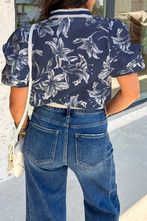 Floral Print Puff Sleeve Striped Trim V Neck Blouse