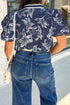 Floral Print Puff Sleeve Striped Trim V Neck Blouse