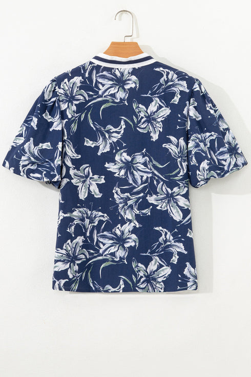 Floral Print Puff Sleeve Striped Trim V Neck Blouse