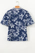 Floral Print Puff Sleeve Striped Trim V Neck Blouse