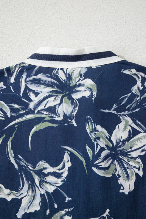 Floral Print Puff Sleeve Striped Trim V Neck Blouse