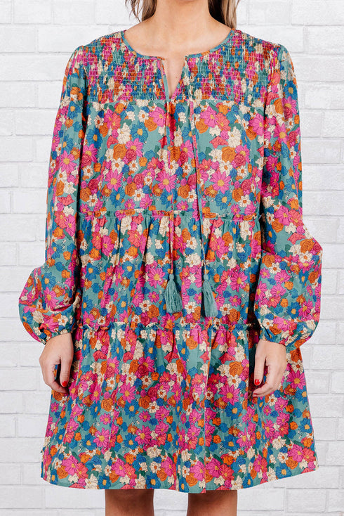 Floral Print Puff Sleeve Tassel Fringe Shirred Mini Dress