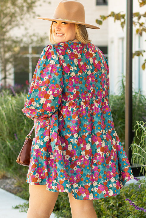 Floral Print Puff Sleeve Tassel Fringe Shirred Mini Dress