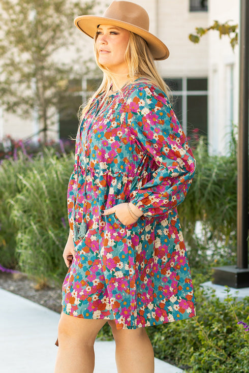 Floral Print Puff Sleeve Tassel Fringe Shirred Mini Dress