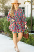 Floral Print Puff Sleeve Tassel Fringe Shirred Mini Dress