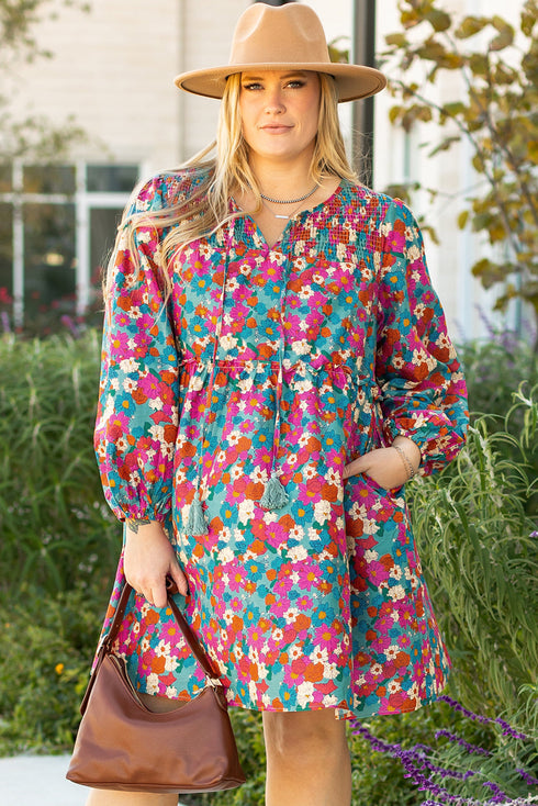 Floral Print Puff Sleeve Tassel Fringe Shirred Mini Dress