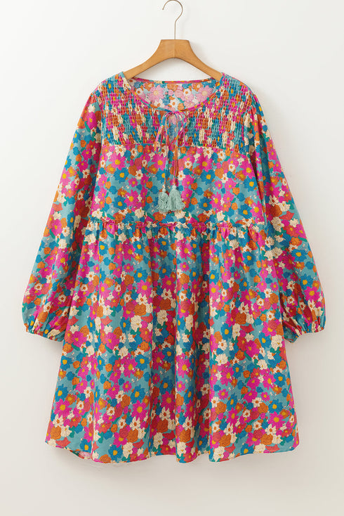 Floral Print Puff Sleeve Tassel Fringe Shirred Mini Dress