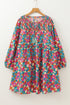 Floral Print Puff Sleeve Tassel Fringe Shirred Mini Dress