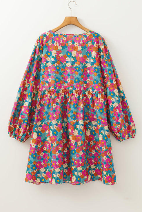 Floral Print Puff Sleeve Tassel Fringe Shirred Mini Dress