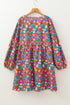 Floral Print Puff Sleeve Tassel Fringe Shirred Mini Dress