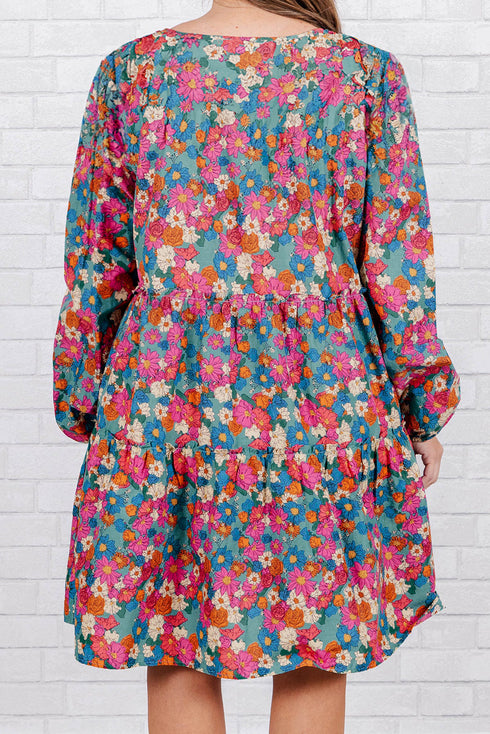 Floral Print Puff Sleeve Tassel Fringe Shirred Mini Dress