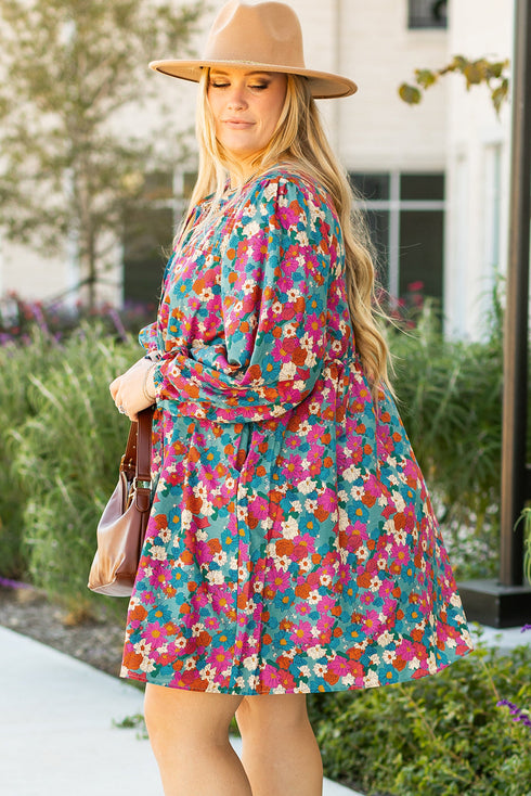 Floral Print Puff Sleeve Tassel Fringe Shirred Mini Dress