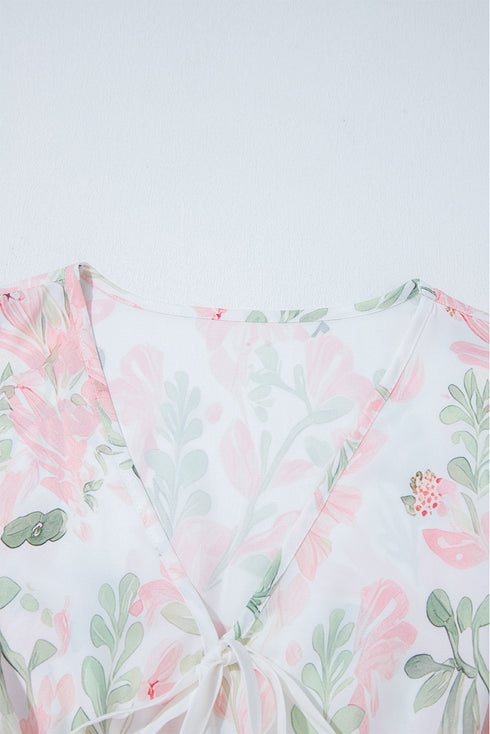 Floral Print Puff Sleeve Tie Detail Peplum Blouse