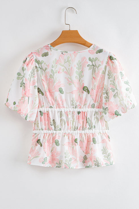 Floral Print Puff Sleeve Tie Detail Peplum Blouse