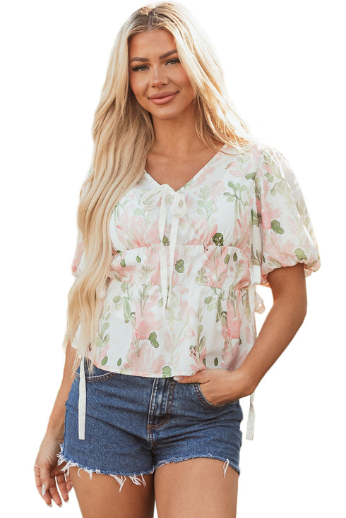 Floral Print Puff Sleeve Tie Detail Peplum Blouse