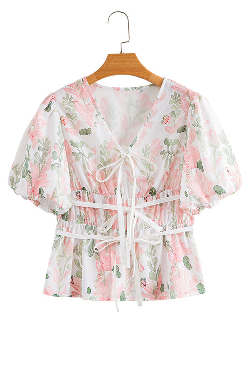 Floral Print Puff Sleeve Tie Detail Peplum Blouse