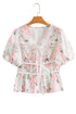 Floral Print Puff Sleeve Tie Detail Peplum Blouse