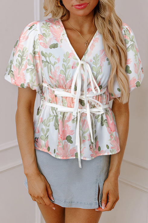 Floral Print Puff Sleeve Tie Detail Peplum Blouse